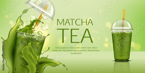 Matcha green tea with ice cubes in takeaway plastic cup with cap and straw mock up banner with splash, cold summer drink ads poster for cafe, healthy fresh beverage. Realistic 3d vector illustration