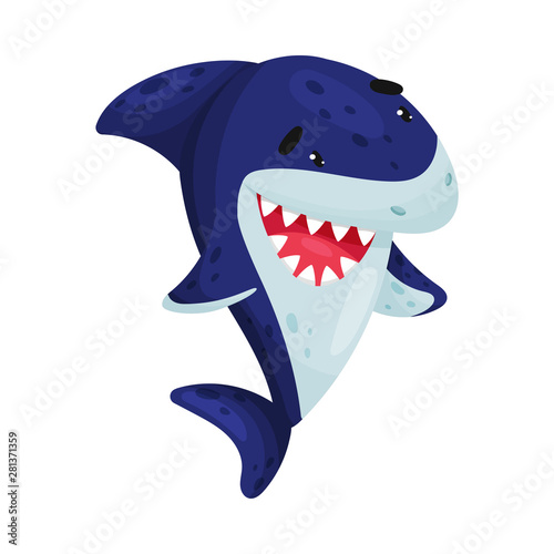 Cartoon joyful blue shark. Vector illustration on white background.