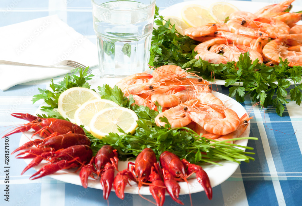 cooked shrimp and crayfish on plate close up cooked shrimp and crayfish on plate close up