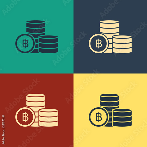 Color Cryptocurrency coin Bitcoin icon isolated on color background. Blockchain technology, bitcoin, digital money market, cryptocoin wallet. Vintage style drawing. Vector Illustration