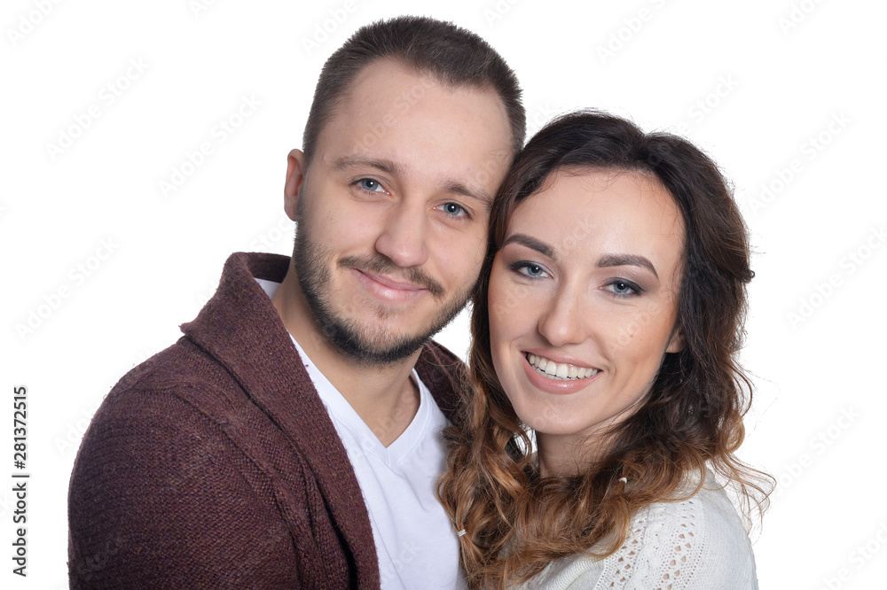 Portrait of happy young couple on white background Portrait of happy young couple on white background
