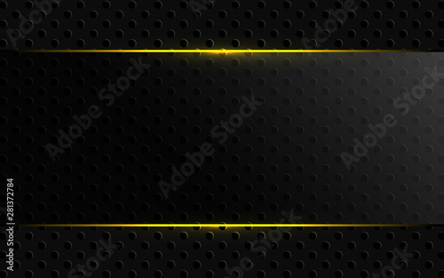 Abstract black background with glass shapes and golden neon light concept composition. Modern dark cover vector design template for use element banner, presentation, brochure, frame, web, advertising