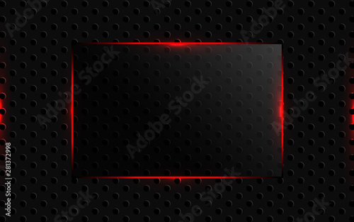 Abstract black background with glass shapes and red neon light concept composition. Modern dark cover vector design template for use element banner, presentation, brochure, frame, web, advertising