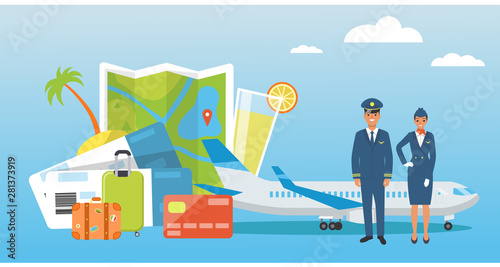 Bright banner on the theme of travel and flights. A set of elements: luggage, tickets, plane, flight attendant, pilot.
