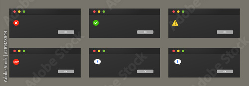 Set of dialogue boxes popups in dark theme of a night mode.