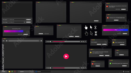 Dark theme of desktop user interface. Web browser window, online video player, error message and computer cursor in night mode skin.