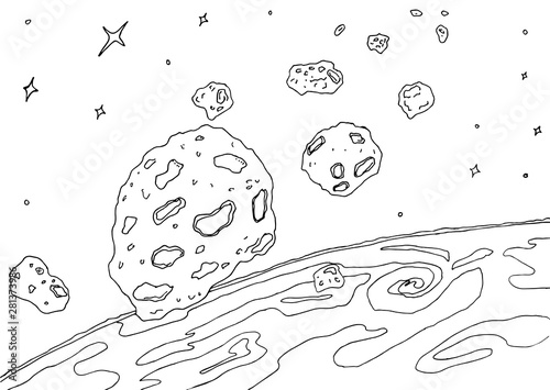 Comet and asteroid belt on the background of the planet. Vector black and white outline illustration for coloring