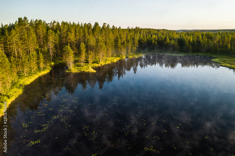 calm lake and taiga forest at morning