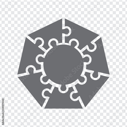 Simple icon heptagon puzzle in gray. Simple icon polygon puzzle of the  seven elements and center on transparent background. Flat design. Vector illustration EPS10.