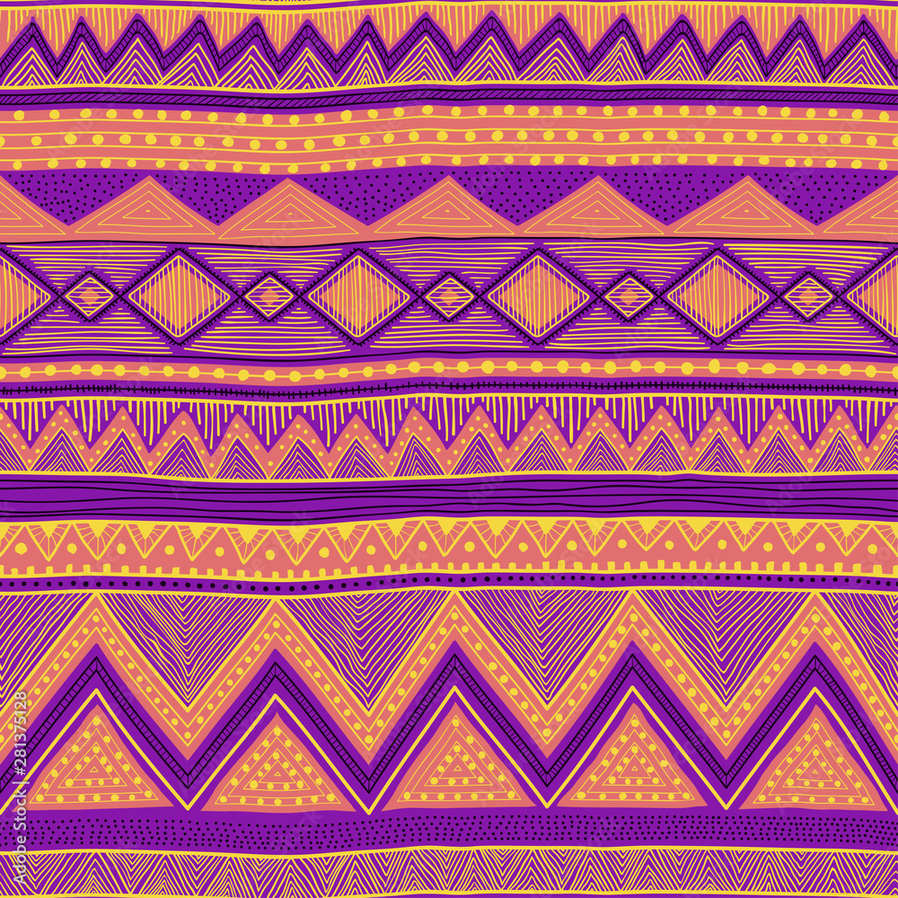 Seamless ethnic pattern. Tribal and aztec motifs. Hand-drawn striped print. Vector illustration.