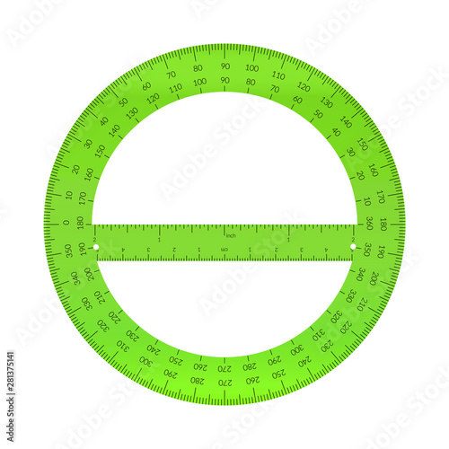 Plastic circular protractor with a ruler in metric and imperial units