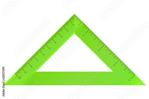 Plastic isosceles triangle with metric and imperial units ruler scale.
