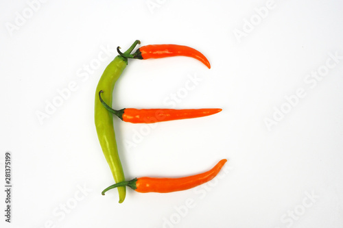 English alphabet. Letter E made of fresh chili pepper isolated on white background. Uppercase letter.