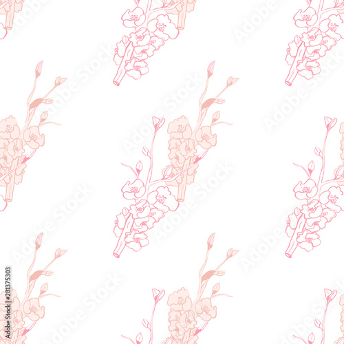 Line art illustration apple or peach brunch tree backdrop.Floral organic background. Vintage floral pattern