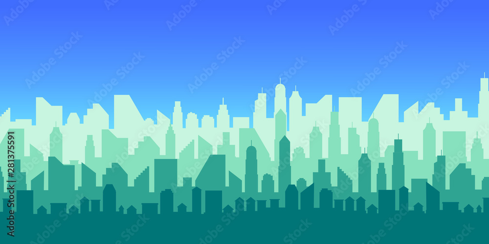 Modern City Skyline. Different buildings, skyscrapers, office center silhouette. Vector flat cartoon panorama. Architecture urban landscape sun, vacation, blue, exotic, tropical, sunset, rel