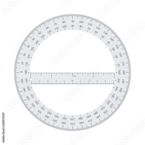 Paper circular protractor with a ruler in metric and imperial units