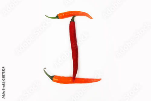 English alphabet. Letter I made of fresh chili pepper isolated on white background. Uppercase letter.