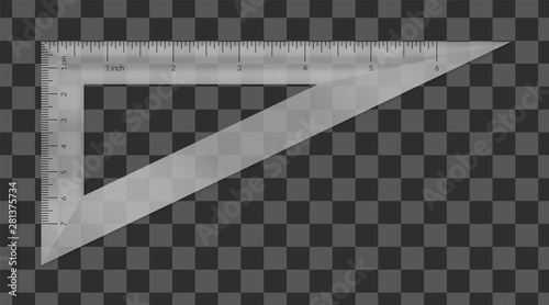 Plastic triangle with metric and imperial units ruler scale.