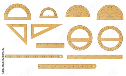 School set of wooden measure ruler, protractor and triangle in both imperial and metric units