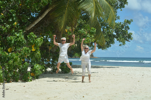 Portrait of happy elderly couple jumping on tropical beach