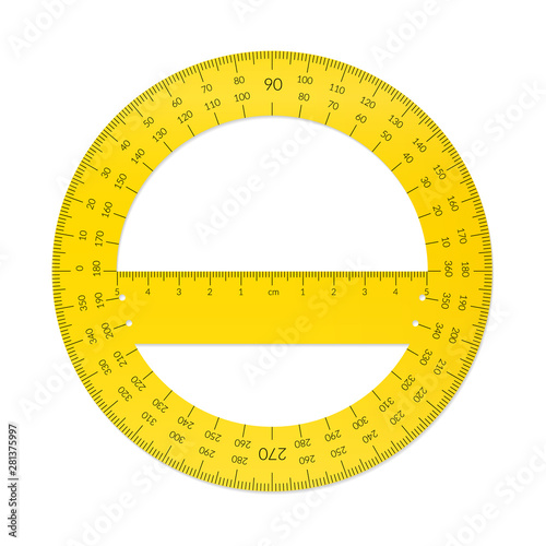 Plastic circular protractor with a ruler in metric units
