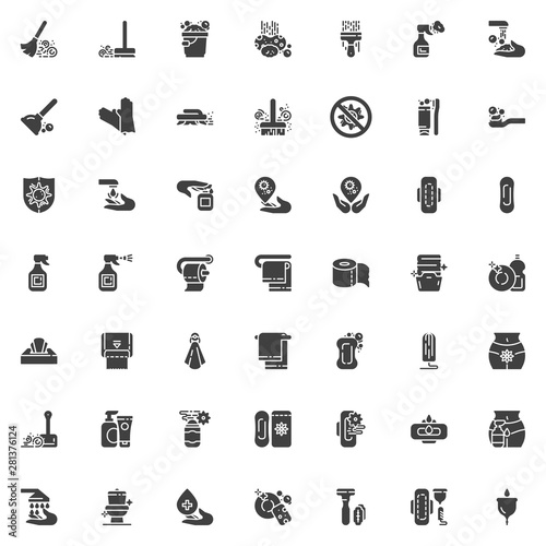 Hygiene vector icons set, modern solid symbol collection, filled style pictogram pack. Signs, logo illustration. Set includes icons as Feminine hygiene, cleaning, Broom dust, Hand washing, Detergent