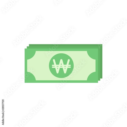 Green korean won bank notes. Flat icon isolated on white. Money pictogram.