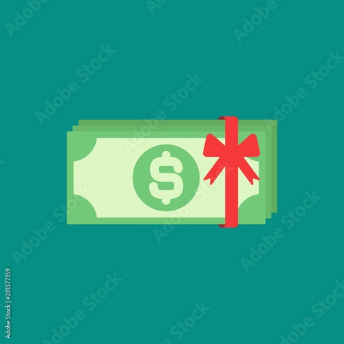 Green dollar bank notes pack with red ribbon isolated on blue. Money prize, gift or award flat icon.