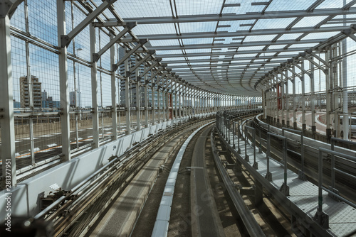 tunnel of monorail road view from front window of a moving train running