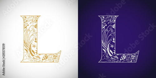 L logotype. Cutting golden logo. L-name idea. Concept of capital letter L in ethnical vip style. Isolated abstract graphic design template. Decorative symbol, royal fairy bird, grape. Brand identity.