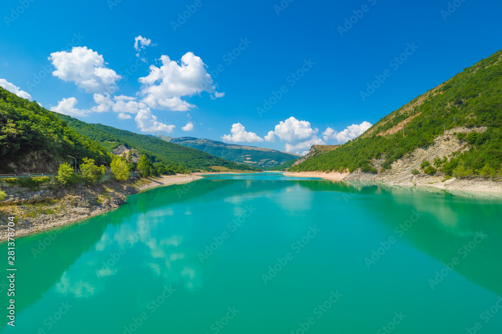 Fiastra lake and Lame Rosse canyon - Naturalistic wild attraction in the Monti Sibillini National Park, province of Macerata, Marche region, central Italy