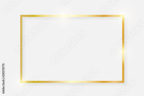 Gold shiny glowing vintage rectangle frame with shadows isolated on white background. Golden luxury realistic rectangle border. Vector illustration