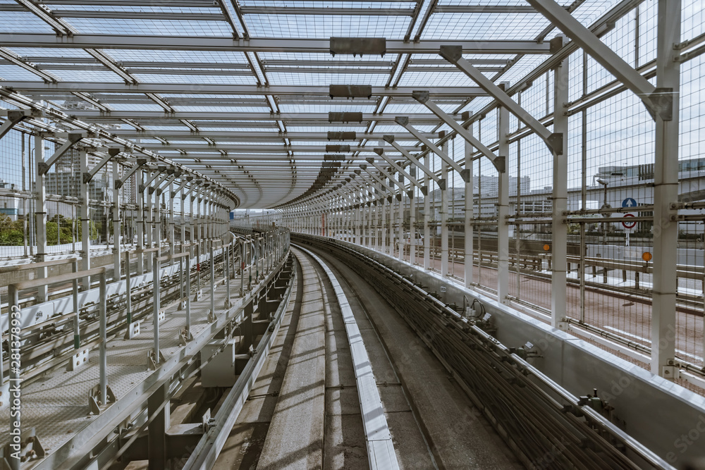 tunnel of monorail road view from front window of a moving train running