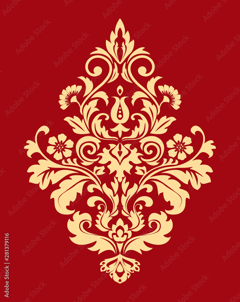 Damask graphic ornament. Floral design element. Red and gold vector pattern