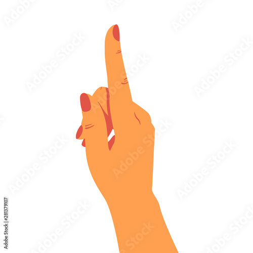 Female hand points to something on top with the index finger. Vector illustration isolated on white background