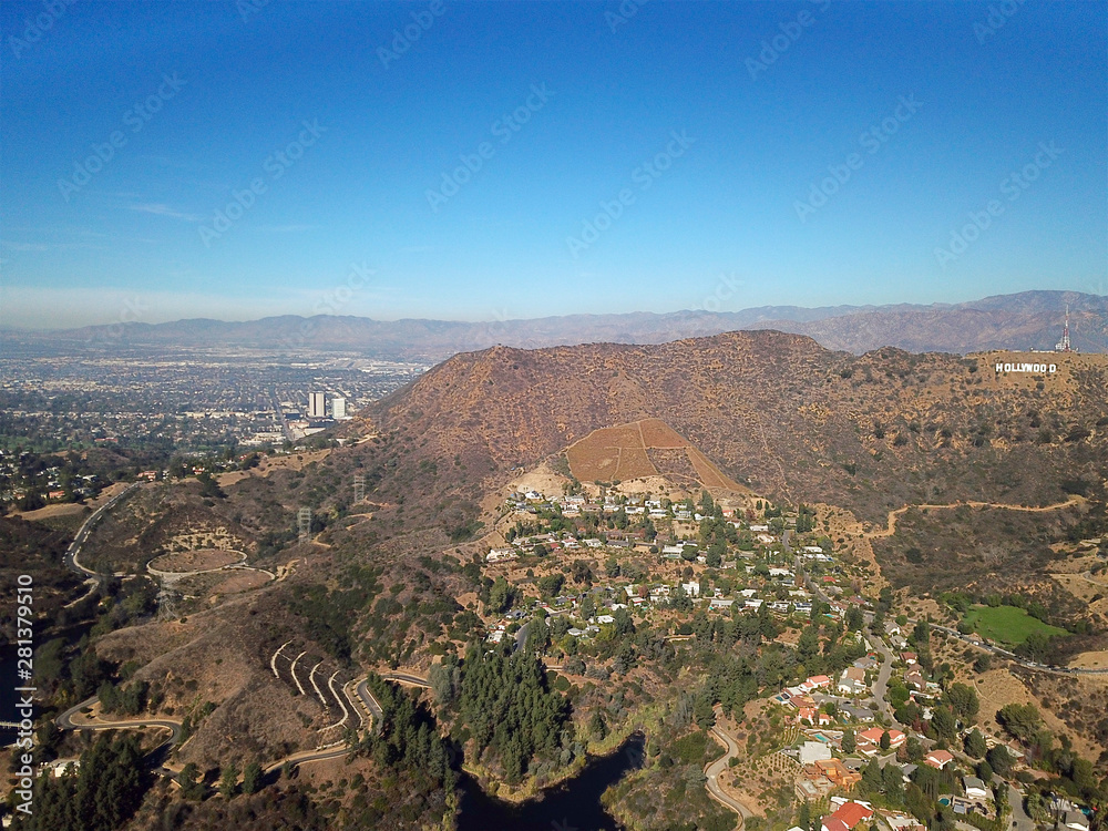 Aerial view of Hollywood sign and hills, Los Angeles, California, Hollywood, USA