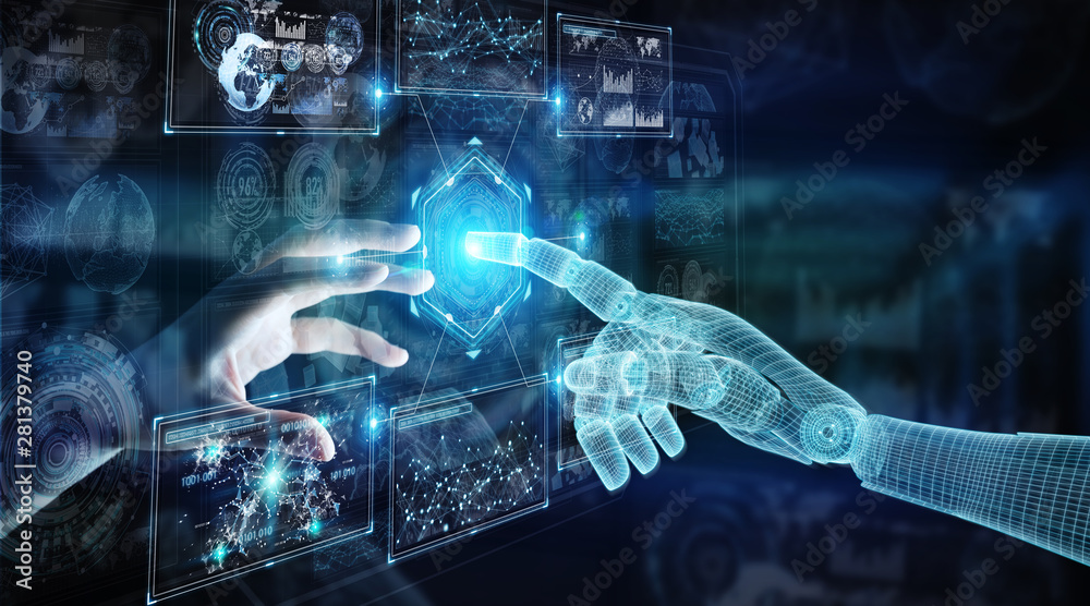 Wireframed robot hand and human hand touching digital graph interface ...
