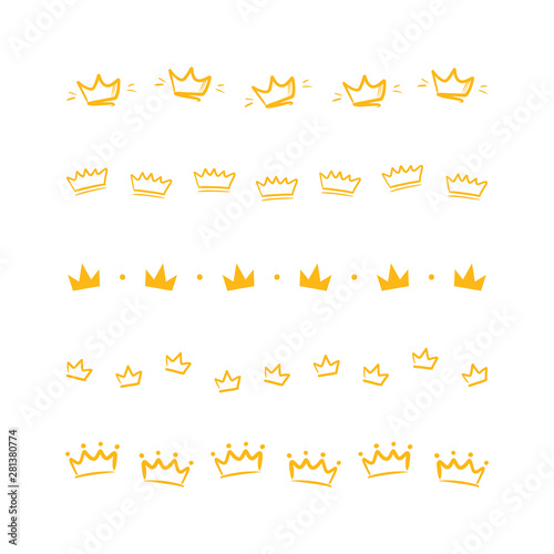 Set, collection of cartoon style, doodle borders with crowns isolated on white background.