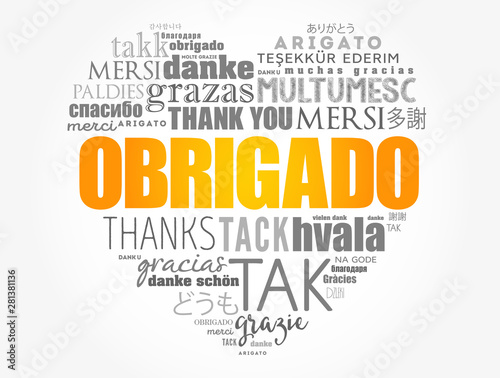 Obrigado (Thank You in Portuguese) love heart Word Cloud in different languages