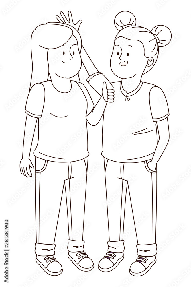 Teenagers friends smiling and having fun cartoon in black and white