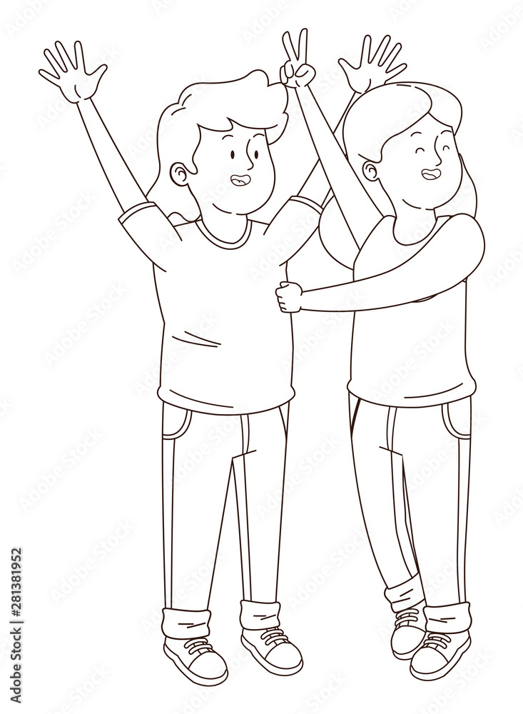 Teenagers friends smiling and having fun cartoon in black and white Teenagers friends smiling and having fun cartoon in black and white