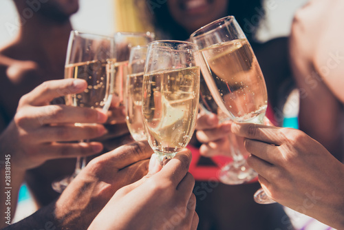 Canvas Cropped photo of many people hanging out clink glasses with champagne