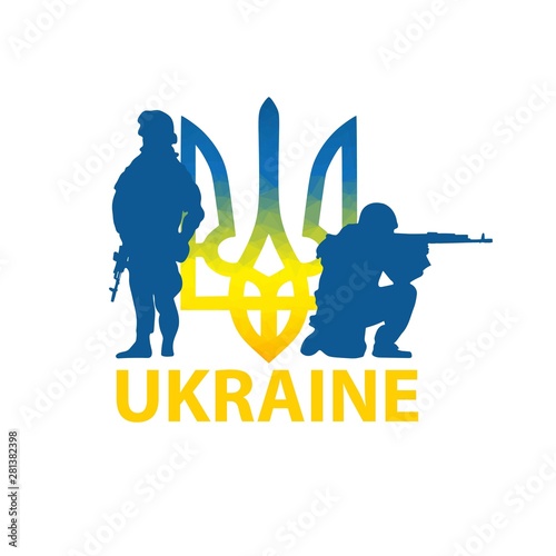 Ukrainian patriotic banner with soldiers and yellow and blue trident. national symbol of Ukraine. Vector illustration. Independence day