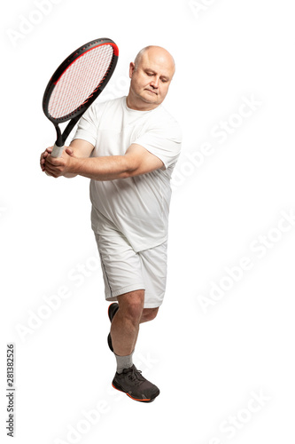 An adult bald man in sportswear plays tennis. Isolated on a white background. Vertical.