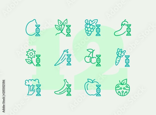 Genetically modified food line icon set. Improver berry, apple