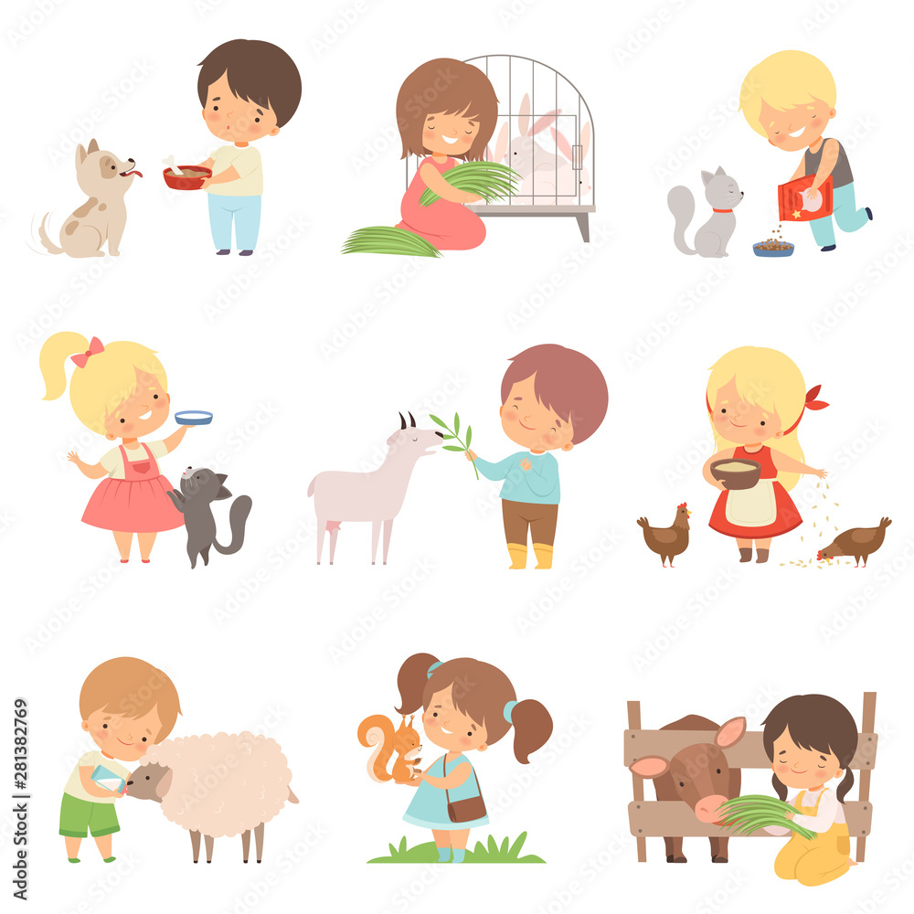 Cute Little Boys and Girls Feeding Animals Set, Adorable Kids Caring for  Wild and Domestic Animals Cartoon Vector Illustration Stock Vector | Adobe  Stock