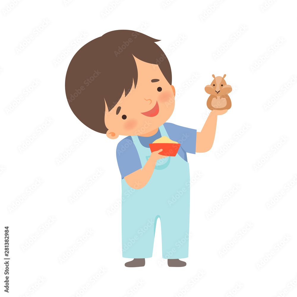 Cute Little Boy Feeding His Hamster, Adorable Kid Caring for Animal Cartoon Vector Illustration