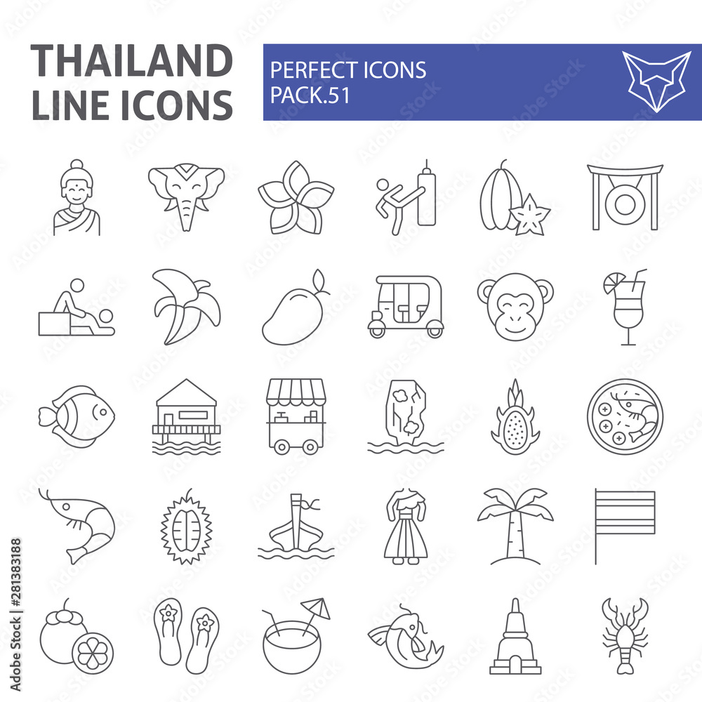 Thailand thin line icon set, thai symbols collection, vector sketches, logo illustrations, asia signs linear pictograms package isolated on white background.