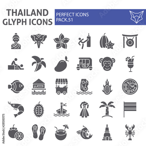 Thailand glyph icon set, thai symbols collection, vector sketches, logo illustrations, asia signs solid pictograms package isolated on white background.