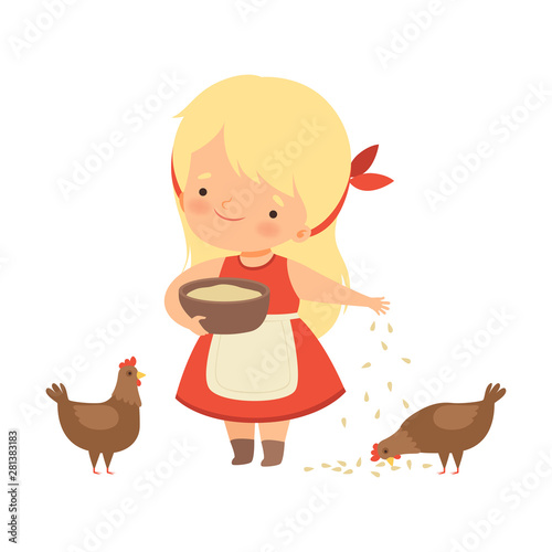 Cute Little Blonde Girl Feeding Hens with Corn, Adorable Kid Caring for Animal at Farm Cartoon Vector Illustration